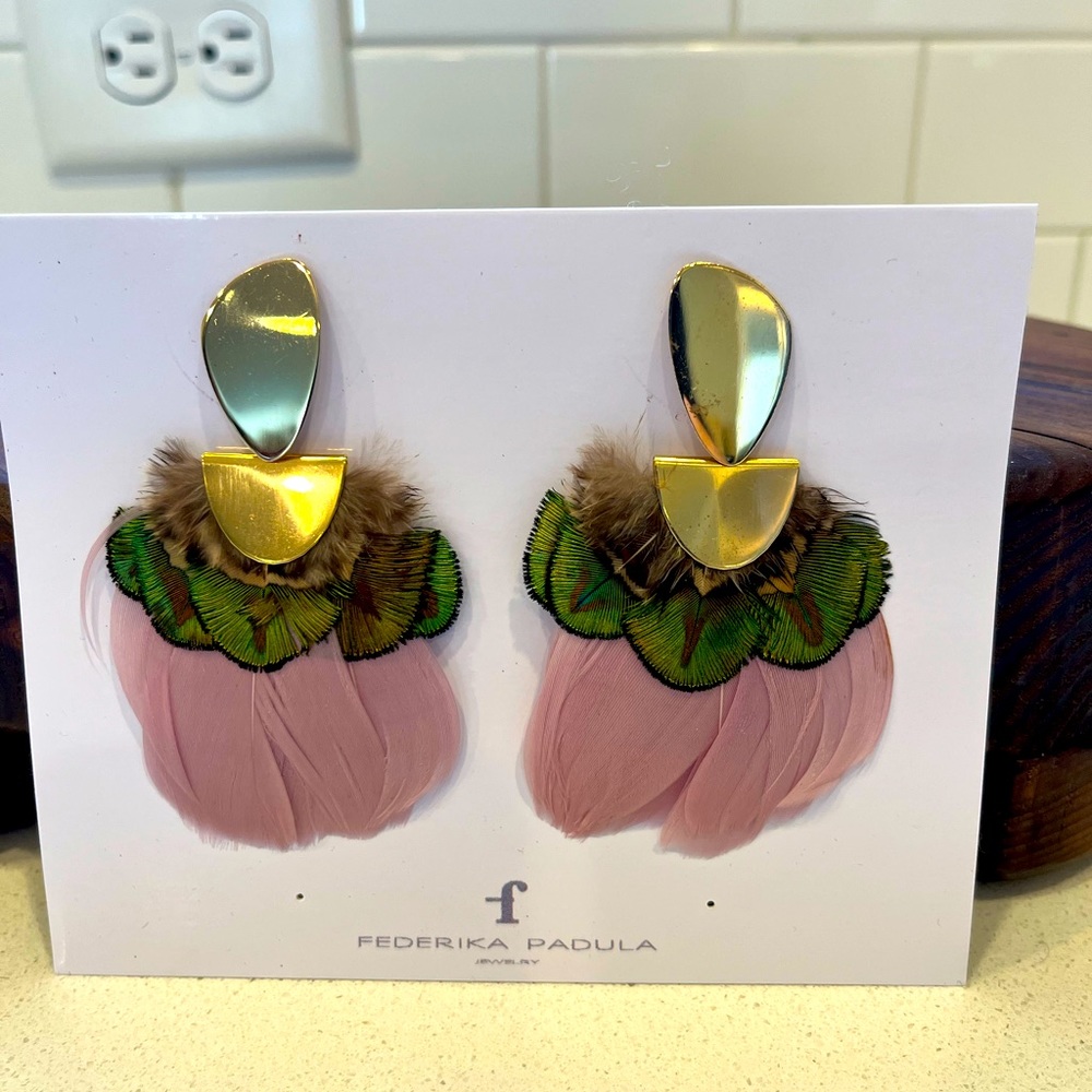 Double feather, statement earrings